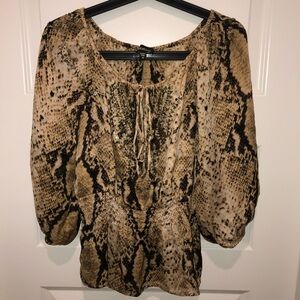 Vintage BEBE 90’s Y2K Leopard Silk Embellished Smocked Peasent Top Shirt sz XS